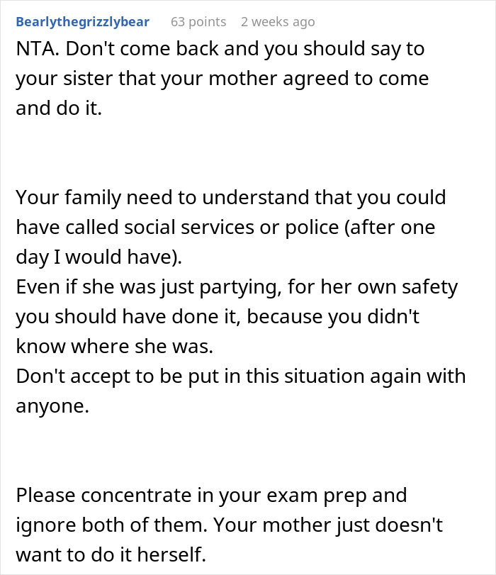 Comment advising not to accept sister leaving 18YO with two kids for days and suggesting calling social services for safety.