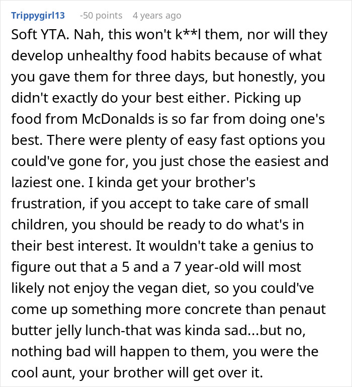 Comment discussing feeding nieces junk food for three days, debating unhealthy food habits and caregiving responsibility.