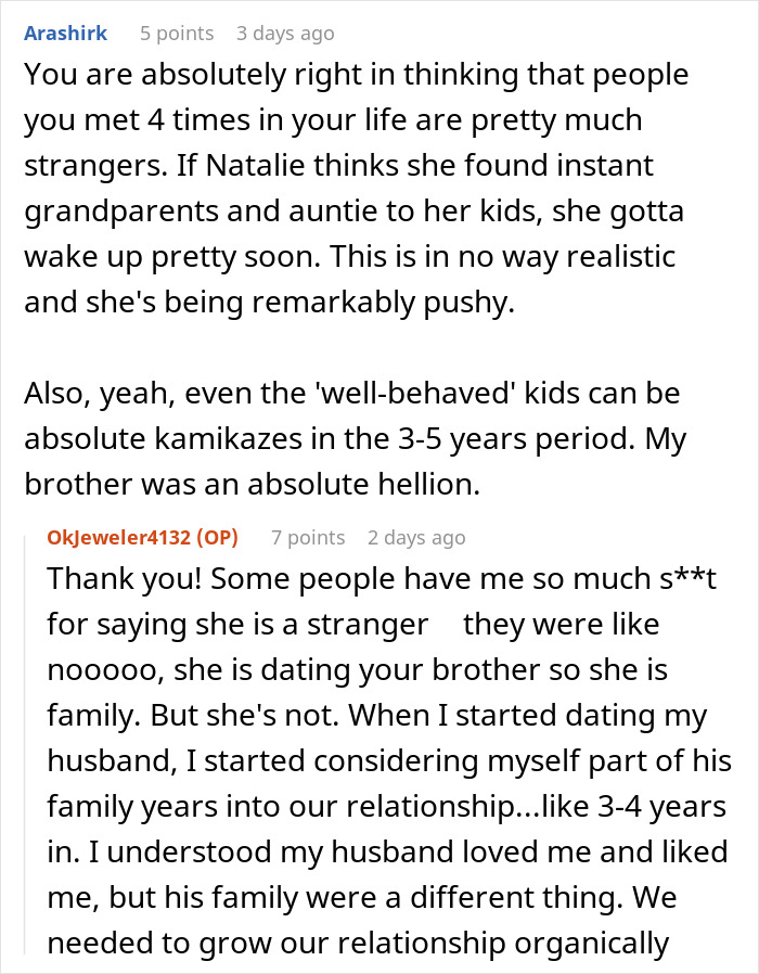 Reddit conversation discussing setting boundaries with brother&rsquo;s girlfriend about treating her kids versus own kids.