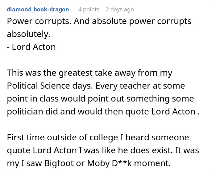Text post discussing power and corruption, reflecting on political science lessons about authority and behavior.