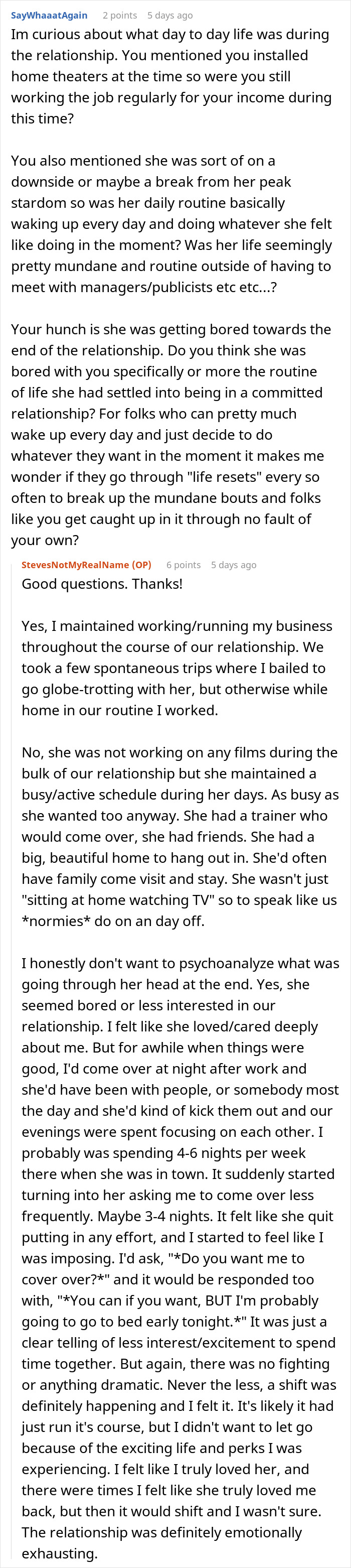 Screenshot of a Reddit discussion sharing what it was really like to date a famous actress over a year.