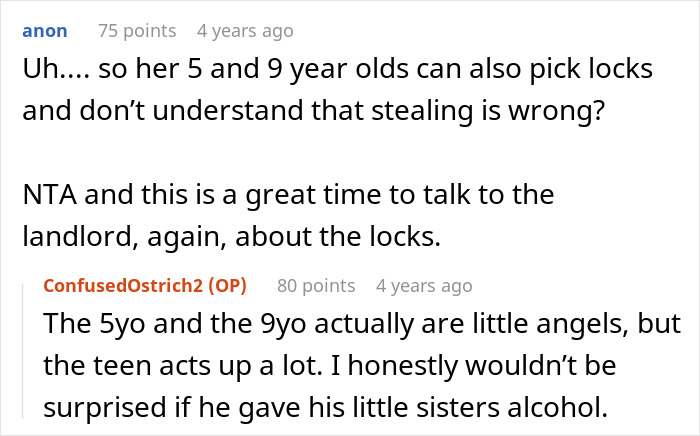 Screenshot of an online discussion about a roommate being blamed for tempting a teen who sneaks in and steals alcohol. Screenshot of an online discussion about a roommate being blamed for tempting a teen who sneaks in and steals alcohol.