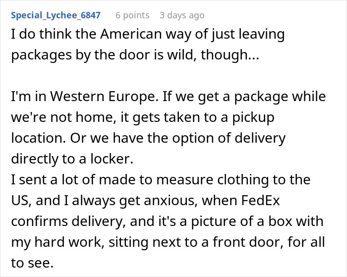 Text discussion about package delivery concerns in Western Europe compared to the US and issues with package theft.