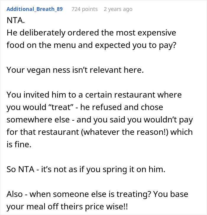 Comment discussing friend laughing off vegan&rsquo;s warning about paying only for his food and bill surprises.