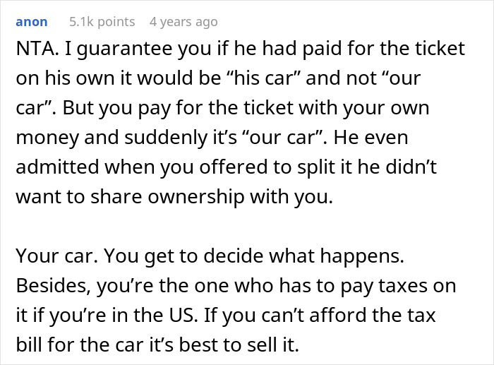 Forum comment explaining ownership dispute after woman wins $300k Jaguar, boyfriend claims it should be shared.