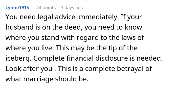 Comment advising to seek legal advice about unknowingly paying rent to husband and his mom, highlighting financial betrayal in marriage.