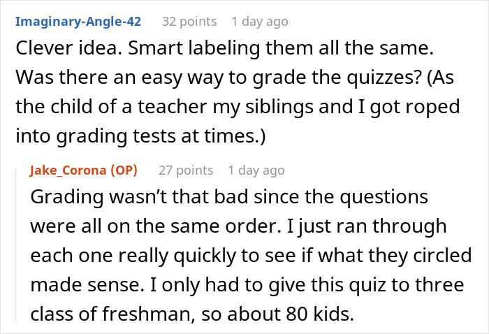 Online discussion about a teacher catching cheaters by handing out 24 versions of the same quiz with smart labeling and grading tips.