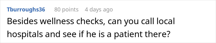 Comment suggesting to call local hospitals to check if a missing boyfriend is a patient there before the planned vacation flight.