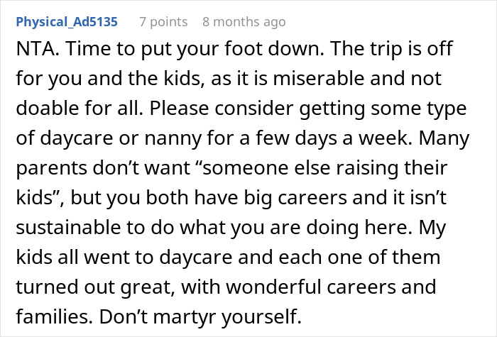 Comment discussing a dad wondering if he&rsquo;s a jerk for not joining wife&rsquo;s work trip with kids, suggesting daycare options.