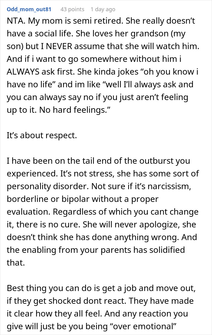 Commenter shares personal experience on respect and family conflict after asking to be paid for babysitting niece and nephew.