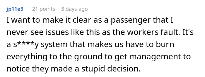 Comment from an airport employee explaining how the management&rsquo;s chair removal decision sparked employee unity.