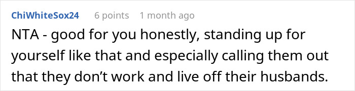 Comment highlighting a woman shutting down her MIL, accusing her of being a gold digger and only good as a housewife.