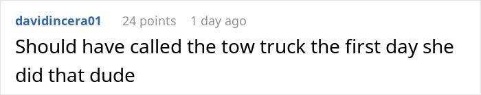 Screenshot of a social media comment discussing an entitled lady parking in a friendly neighbor's spot and causing conflict. Screenshot of a social media comment discussing an entitled lady parking in a friendly neighbor's spot and causing conflict.
