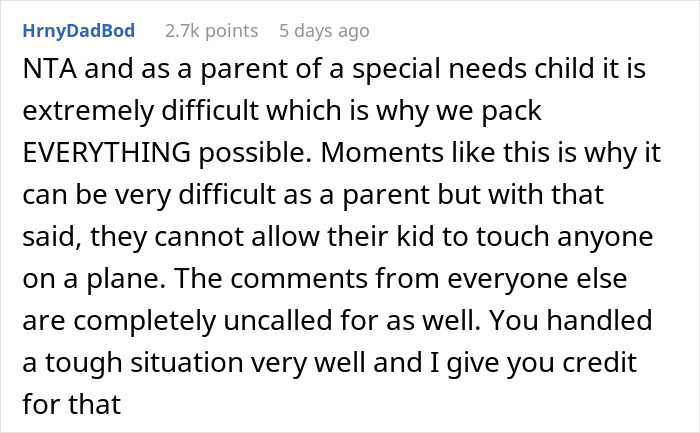 Reddit comment explaining challenges of special needs kid&rsquo;s behavior on flight and passenger moving seats, facing blame nearby.