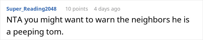 Screenshot of a forum comment discussing a neighbor complaining about a woman’s outfit and her husband staring at her. Screenshot of a forum comment discussing a neighbor complaining about a woman’s outfit and her husband staring at her.