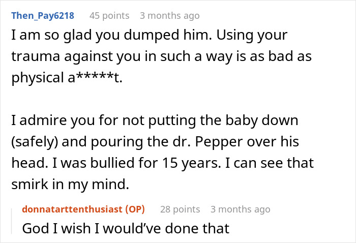 Comment thread discussing a woman breaking up with her boyfriend after he forced her to hold a newborn despite her trauma.