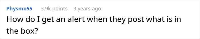 Screenshot of online comment asking how to get an alert when someone posts what is inside the box of olives.