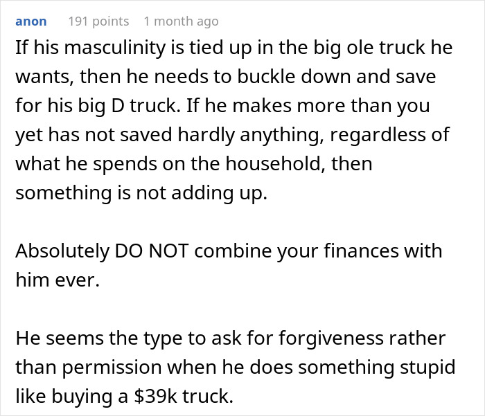 Alt text: Woman seeks advice on talking sense into husband planning an irresponsible manly purchase of a $39k truck.