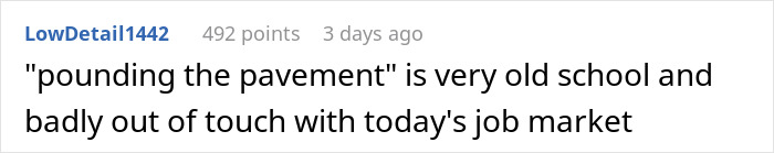 Comment about the outdated job market and job search methods, mentioning pounding the pavement and physical office visits.