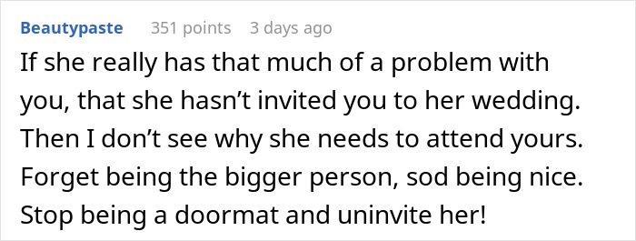 Comment about woman not wanting fianc&eacute; to attend friend&rsquo;s wedding without her, highlighting relationship and wedding conflict.