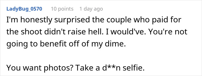 Screenshot of a Reddit comment discussing an entitled mom interrupting a couple&rsquo;s photoshoot for free kids photos.