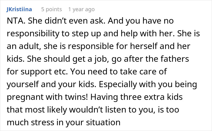 Screenshot of a comment discussing a woman refusing to babysit step sister&rsquo;s kids, causing family drama.