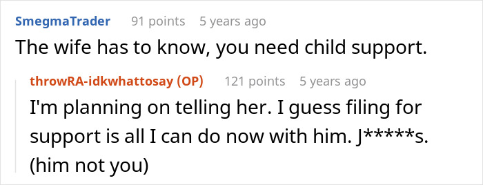 Screenshot of a Reddit conversation about a woman discovering her boyfriend&rsquo;s secret wife days before birth.
