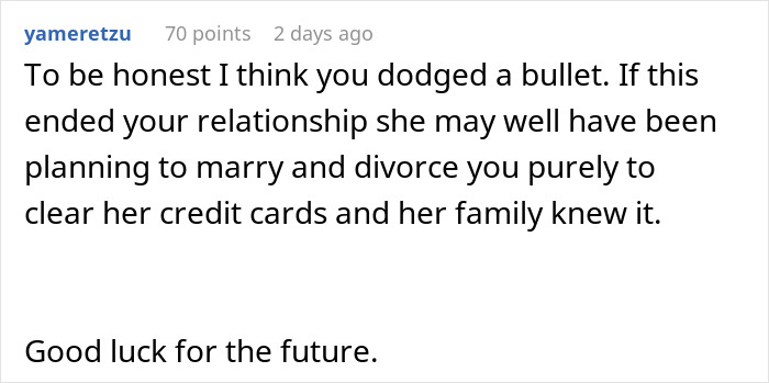 Comment criticizing secret credit card debt reveals bride-to-be shuts down prenup after financial deceit uncovered online.