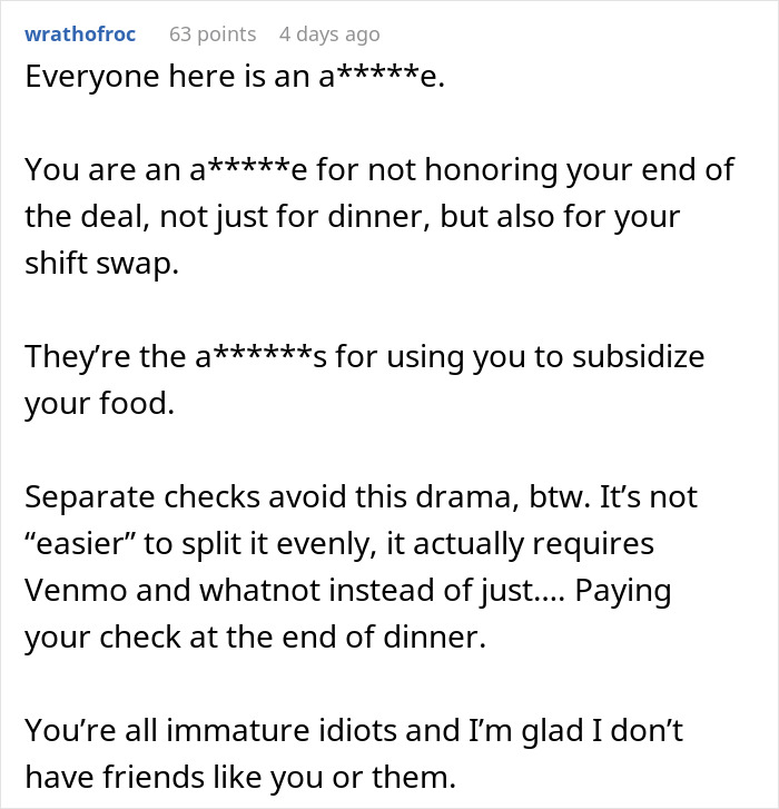 Comment discussing coworkers agreeing to split the bill with one backing out after dining causing drama and frustration.