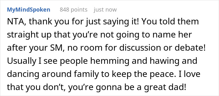 Reddit comment about dad wanting son to name grandbaby after late wife and son firmly refusing the request.