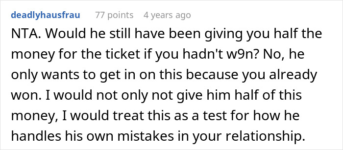Screenshot of a forum comment discussing a woman winning $300k Jaguar and her boyfriend's claim on ownership.