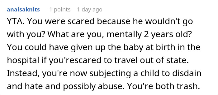 Comment discussing dropping baby off with ex-husband and demanding he take the baby every other week in a custody debate.