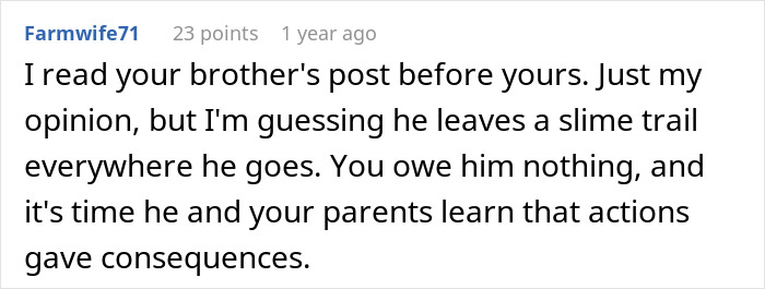 Comment from user Farmwife71 advising on consequences and family drama involving homewrecker brother and wedding invitation conflict.