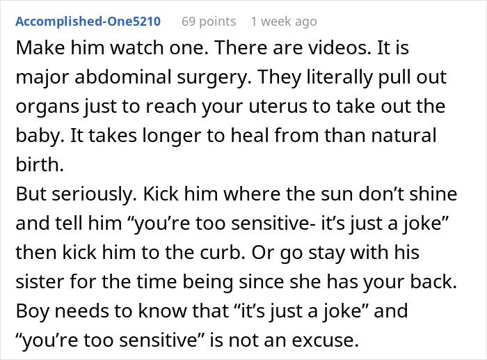 Screenshot of a Reddit comment explaining the severity of traumatic birth and the boyfriend&rsquo;s misunderstanding of the healing process.