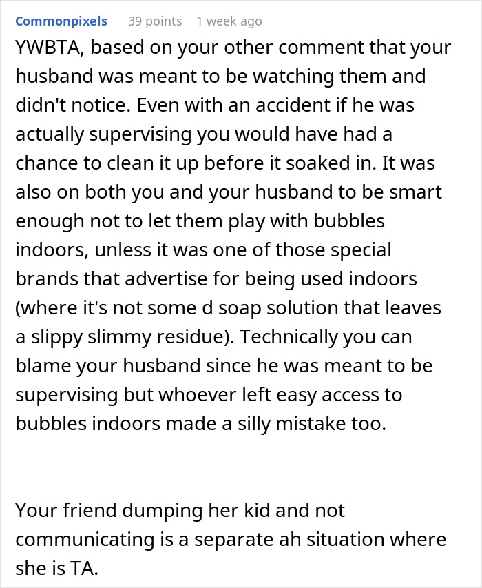 Comment discussing supervision and blame regarding friend&rsquo;s daughter ruining furniture and charging friend for damages.