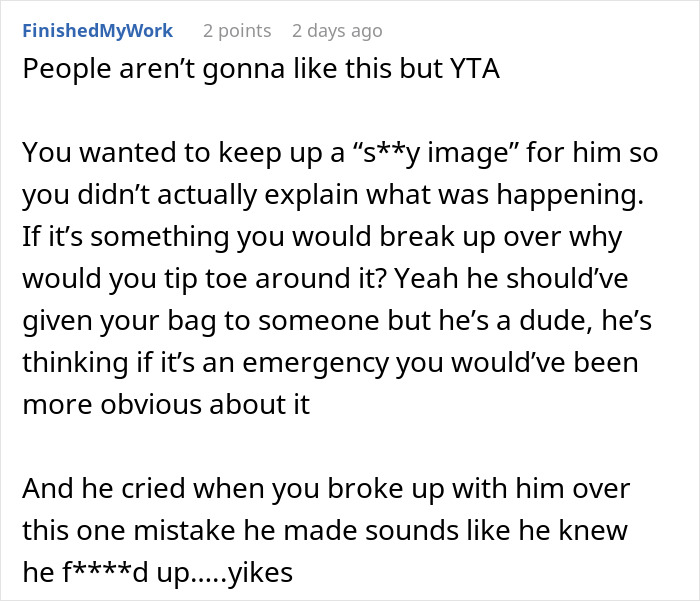 Reddit comment discussing breaking up with boyfriend after he refused to hand period pad and tissues in emergency. Reddit comment discussing breaking up with boyfriend after he refused to hand period pad and tissues in emergency.