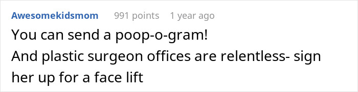Comment text on a white background describing sending a poop-o-gram and plastic surgeon offices being relentless.
