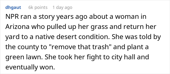 Comment discussing a woman turning her yard into a native habitat after an annoying neighbor reports overgrown weeds.