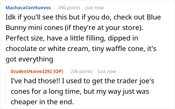 Screenshot of an online conversation about ice cream cones related to mom tells SIL her eating ice cream complicates parenting. Screenshot of an online conversation about ice cream cones related to mom tells SIL her eating ice cream complicates parenting.