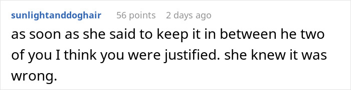 Reddit comment discussing justification for posting screenshots of SIL's texts and making her look bad online.