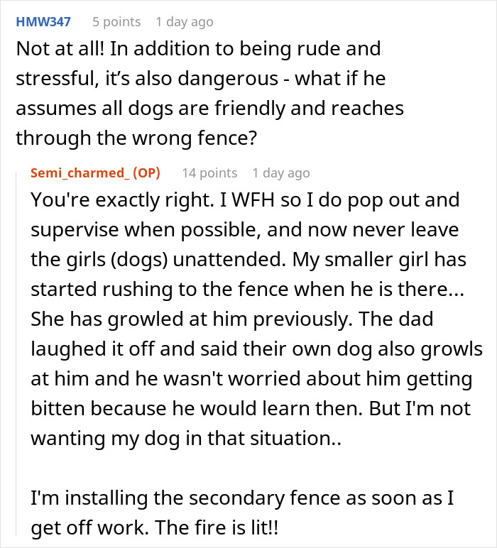 Reddit conversation about neighbor’s kid turning fence into fast food window for dogs and woman building barricade. Reddit conversation about neighbor’s kid turning fence into fast food window for dogs and woman building barricade.