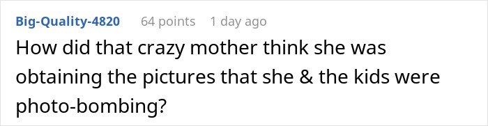 Comment screenshot showing a user questioning how an entitled mom thought she was getting free photos by photo-bombing a couple&rsquo;s photoshoot.