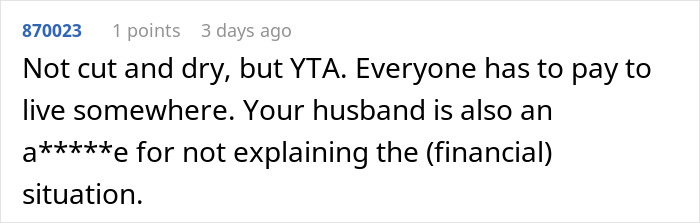 Screenshot of a Reddit comment discussing unknowingly paying rent to husband and his mom over two years.