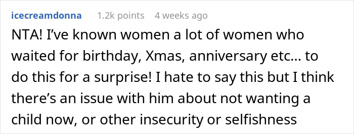 User comment discussing women surprising husbands with pregnancy tests on special occasions and issues with his reaction. User comment discussing women surprising husbands with pregnancy tests on special occasions and issues with his reaction.