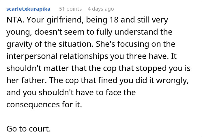 Text conversation about a driver wrongfully ticketed for speeding by a cop who is the daughter’s boyfriend’s father. Text conversation about a driver wrongfully ticketed for speeding by a cop who is the daughter’s boyfriend’s father.