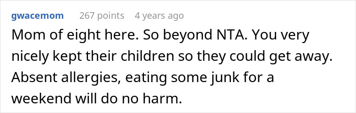Screenshot of an online forum comment discussing feeding nieces junk food for three days without harm or allergies.