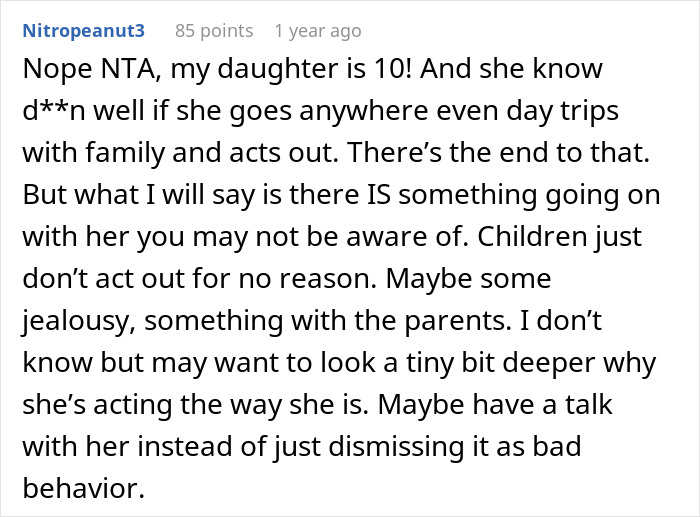 Reddit comment discussing woman refusing to take sister&rsquo;s kid on trips and questioning if this makes her a jerk.