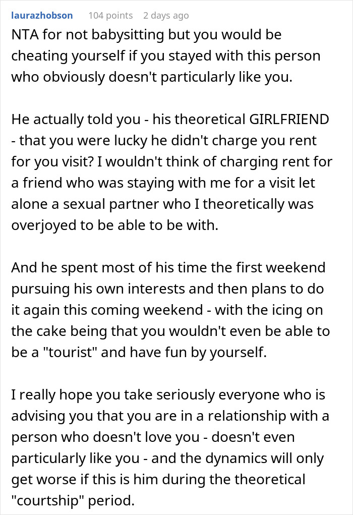 Screenshot of online comment discussing refusing to babysit boyfriend’s niece during vacation and relationship concerns. Screenshot of online comment discussing refusing to babysit boyfriend’s niece during vacation and relationship concerns.