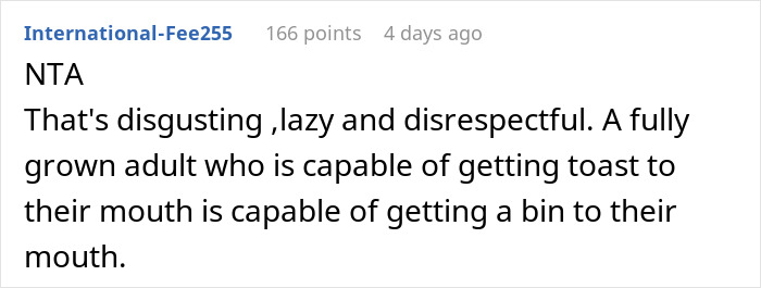 Screenshot of a Reddit comment calling a sick husband lazy and disrespectful for refusing to use a trash can to throw up. Screenshot of a Reddit comment calling a sick husband lazy and disrespectful for refusing to use a trash can to throw up.