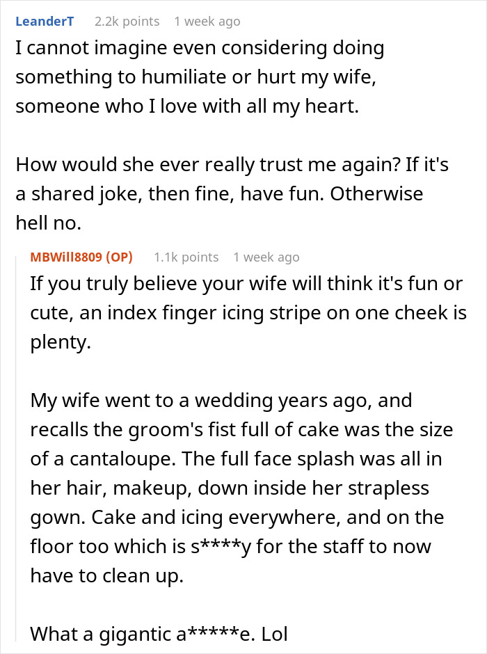 Comments discussing a groom smashing cake on the bride, with opinions about trust and wedding cake mess incidents. Comments discussing a groom smashing cake on the bride, with opinions about trust and wedding cake mess incidents.